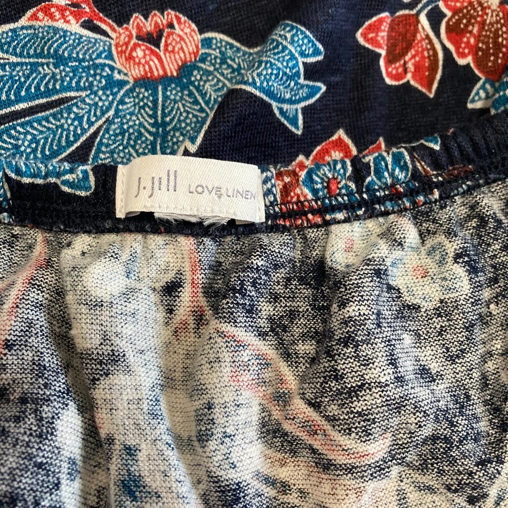 J Jill Sarasa Ruffled Tropical Ruffled Top 100% Linen Elastic Shoulder Navy Blue - Picture 6 of 8